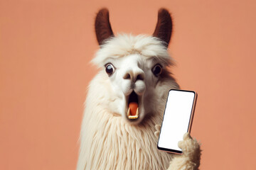 Shocked real llama holding smartphone with white mockup screen on solid color background. ai generative