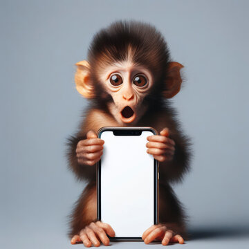 Shocked real baby monkey holding smartphone with white mockup screen on solid color background. ai generative