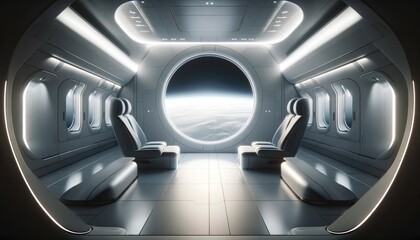 Fototapeta premium Space Tourism: Minimalist Spacecraft Cabin with Earth View