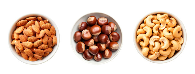 Top view of three bowls full of almonds, hazelnuts and cashews over isolated transparent background - obrazy, fototapety, plakaty