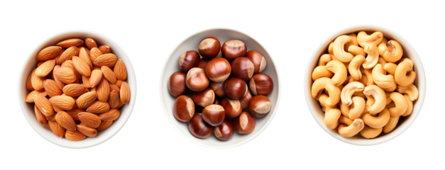 Top view of three bowls full of almonds, hazelnuts and cashews over isolated transparent background