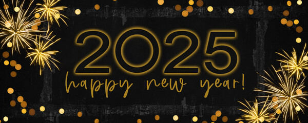 Happy New Year 2025, Silvester New Year's Eve firework party celebration holiday greeting card - Gold year date on golden fireworks, dark night background