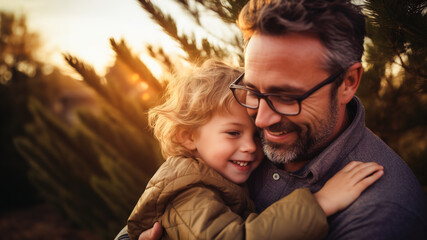 Obraz premium Happy dad embracing his little son with outdoors background