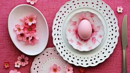 Elegant Table Setting with Pink Sakura flowers.  White lace plates, pink flowers and pink easter egg on table, flat lay. 