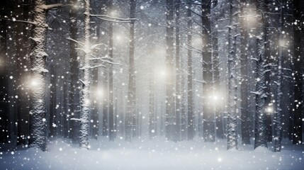Snow-covered trees with glowing lights in a magical winter forest