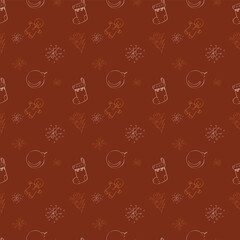 vector concept festive New Year's Christmas seamless pattern with various silhouette elements Christmas tree toys, gingerbread man, snowflakes, Christmas tree