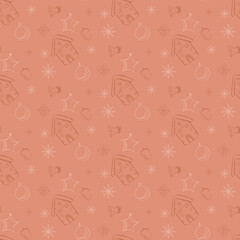 vector concept festive New Year's Christmas seamless pattern with a variety of silhouette elements Christmas tree toys nests, ball, gingerbread house, snowflakes