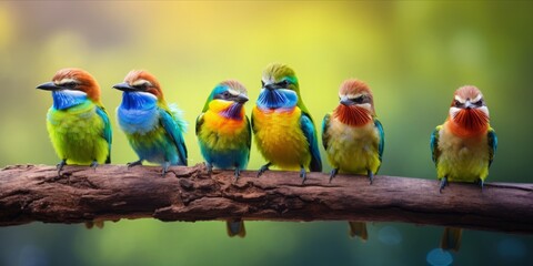 Colorful Birds Perched on a Lush Branch, Creating an Artistic Panorama of Exotic Feathered Paradise, a Kaleidoscopic Tapestry of Lively Elegance