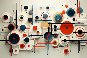 Complex geometric pattern with circles and lines in red and blue