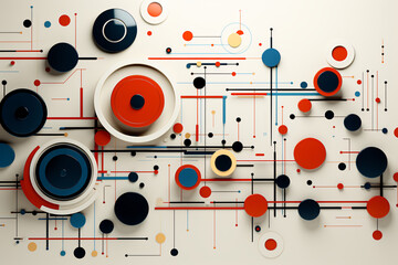 Abstract geometric wall art with circles and stripes in red and blue