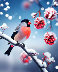 Kolorowe gile, drzewa i czerwone owoce, zimowa przyroda - obrazy, fototapety, plakaty