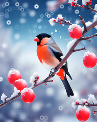 Kolorowe gile, drzewa i czerwone owoce, zimowa przyroda