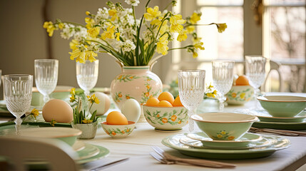 easter table setting with yellow  flowers