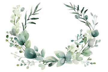 Eucalyptus wreath, floral frame, watercolor, isolated on white. Wedding concept