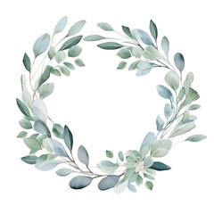 Eucalyptus wreath, floral frame, watercolor, isolated on white. Wedding concept