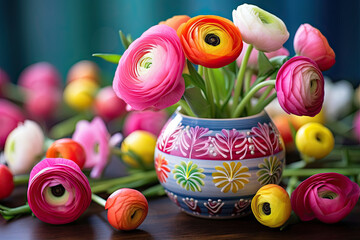 Vibrant Ranunculus Flowers in a Painted Ceramic Vase on the table