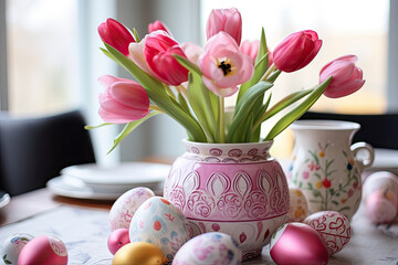Pastel Tulips Bouquet and Decorative Easter Eggs