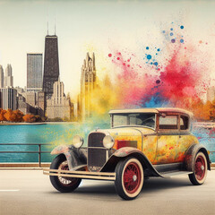 fine art realistic photography, logo for t-shirt print, splash of color, a tuned 1930s jalopy, chicago city, plain white background, autumn afternoon