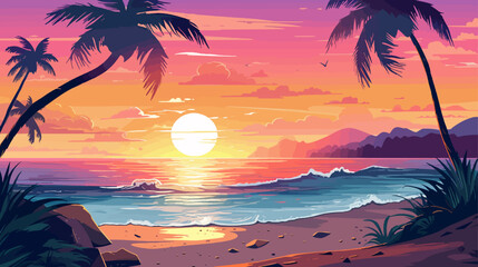 Tropical beach at sunset with palms. Vector illustration in cartoon style