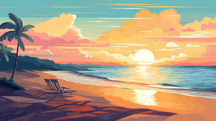 Tropical beach at sunset with palms. Vector illustration in cartoon style