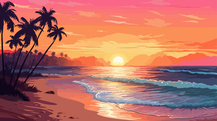 Fototapeta na wymiar Tropical beach at sunset with palms. Vector illustration in cartoon style