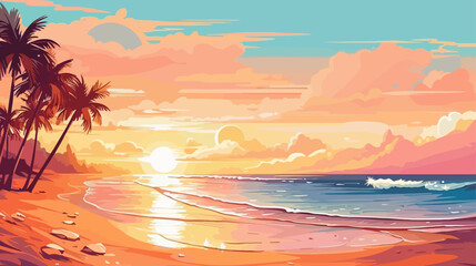 Tropical beach at sunset with palms. Vector illustration in cartoon style
