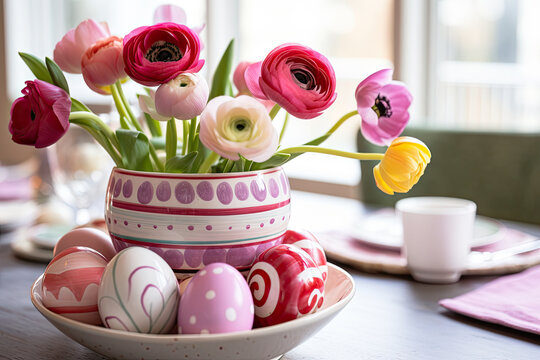 A bowl of vibrant pink and white flowers with decorative Easter eggs on a table.
