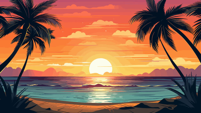 Tropical beach at sunset with palms. Vector illustration in cartoon style