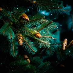 Fototapeta na wymiar A close up view of a Christmas fir tree frond or a green pine tree branch with snow on black background.