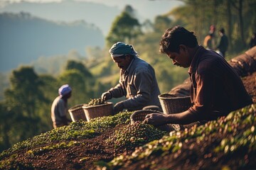 Workers picking coffee at a plantation. Great for stories on agriculture, supply chain, organic...