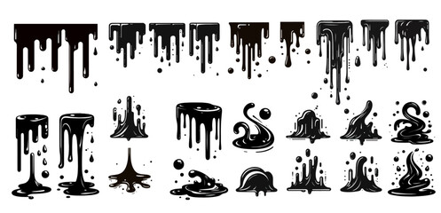 Dripping black paint, melting chocolate or dripping black oil. Set of abstract liquid splash elements. Flat vector illustration of splash ink flows - obrazy, fototapety, plakaty