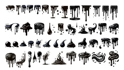 Dripping black paint, melting chocolate or dripping black oil. Set of abstract liquid splash elements. Flat vector illustration of splash ink flows