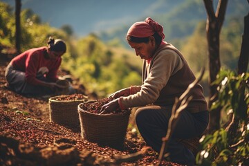 Workers picking coffee at a plantation. Great for stories on agriculture, supply chain, organic produce, cooperative farming, organic farming and more. 