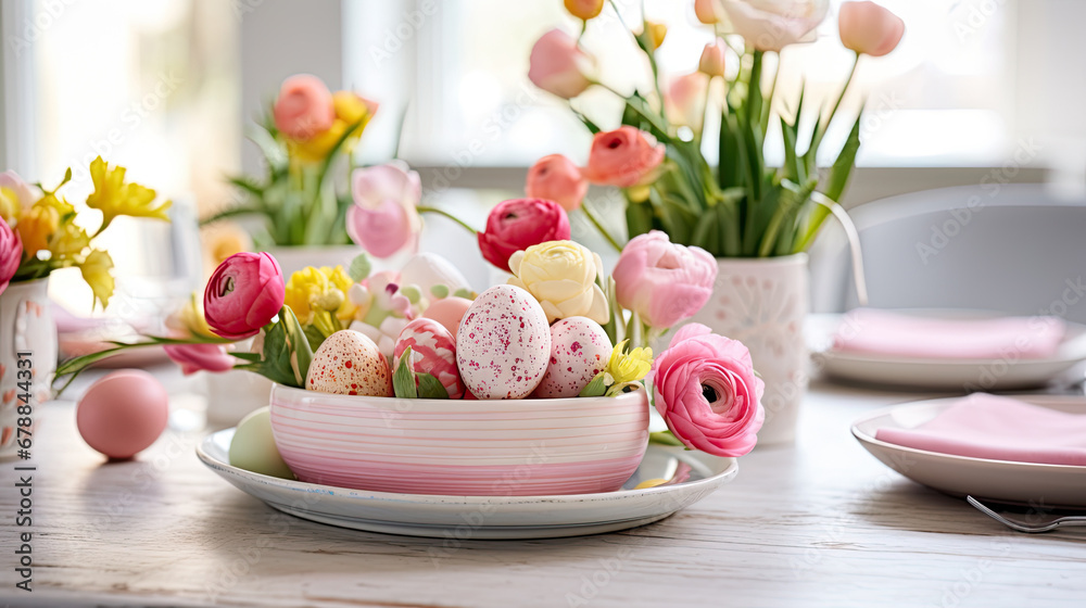 Poster fresh spring vibes with a colorful ranunculus bouquet. elegant easter table setting with ranunculus 