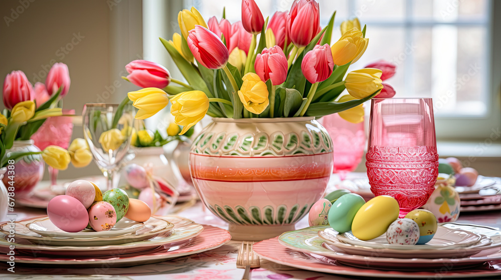 Poster elegant easter table setting with bright tulip centerpiece