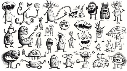 monsters. Funny line hand-drawn aliens for coloring pages. Flat illustration generativ ai