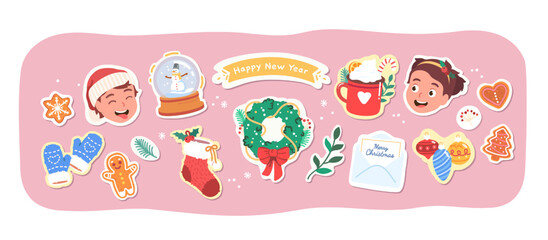 Happy New Year, Merry Christmas kids stickers set