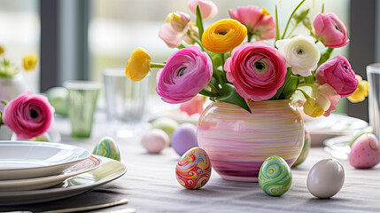 Colorful spring ranunculus blossoms  in vase on the festive Easter table 