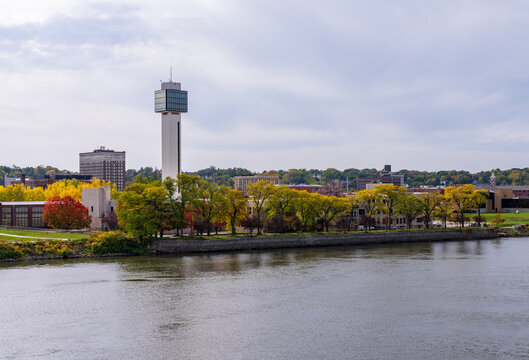 Panorama of downtown Moline in Illinois seen from the I-74 interstate bridge along Mississippi River