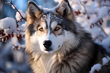 Alaskan Malamute on background of snow-covered forest Close-up photo, natural natural light. Ai art
