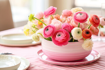 Obraz na płótnie Canvas Easter table setting with flowers