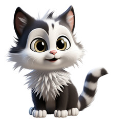 Adorable cute black and white fur cat character on transparent background, generative ai
