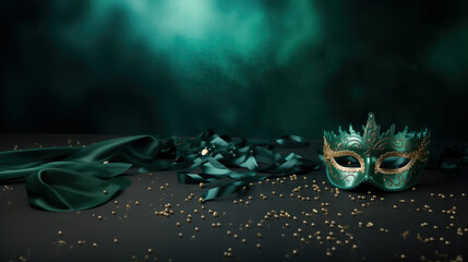 Obraz premium Festive new year's eve party background with emerald green mask and festive decoration on a green background.carnival concept, copy space
