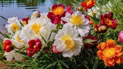 White and red peony flowers on the background of the lake. Springtime Concept. Mothers Day Concept with a Copy Space. Valentine's Day.