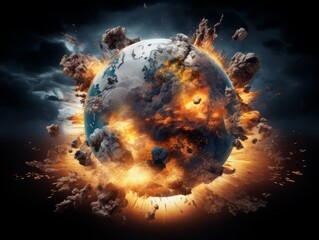 Apocalyptic Canvas: A World Gripped in Chaos, Earth's Globe Shrouded in Explosive Warfare and Ominous Threats of a Nuclear Catastrophe - obrazy, fototapety, plakaty