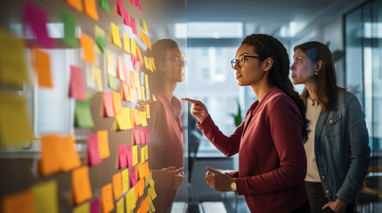 A professional team engaged in a brainstorming session, using colorful sticky notes on a glass wall to organize their ideas and strategies.