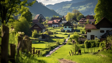 A quaint village, with lush green meadows as the background, during a calm spring dusk