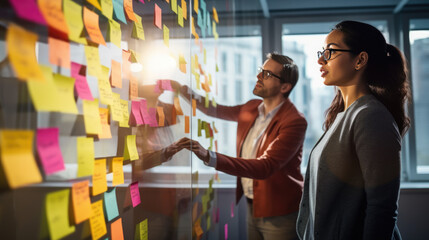 A professional team engaged in a brainstorming session, using colorful sticky notes on a glass wall to organize their ideas and strategies. - obrazy, fototapety, plakaty