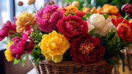 Bouquet of peonies  in a flower shop. Springtime Concept. Mothers Day Concept with a Copy Space. Valentine's Day.