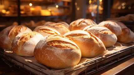 Photo sur Aluminium Pain Sunlight filtering through a bakery window onto loaves of bread.